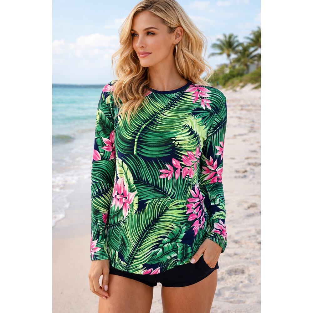 Tropical Vibrant Lands’ End Palm Leaf Water Shirt Pink Floral UPF Swim Top MED